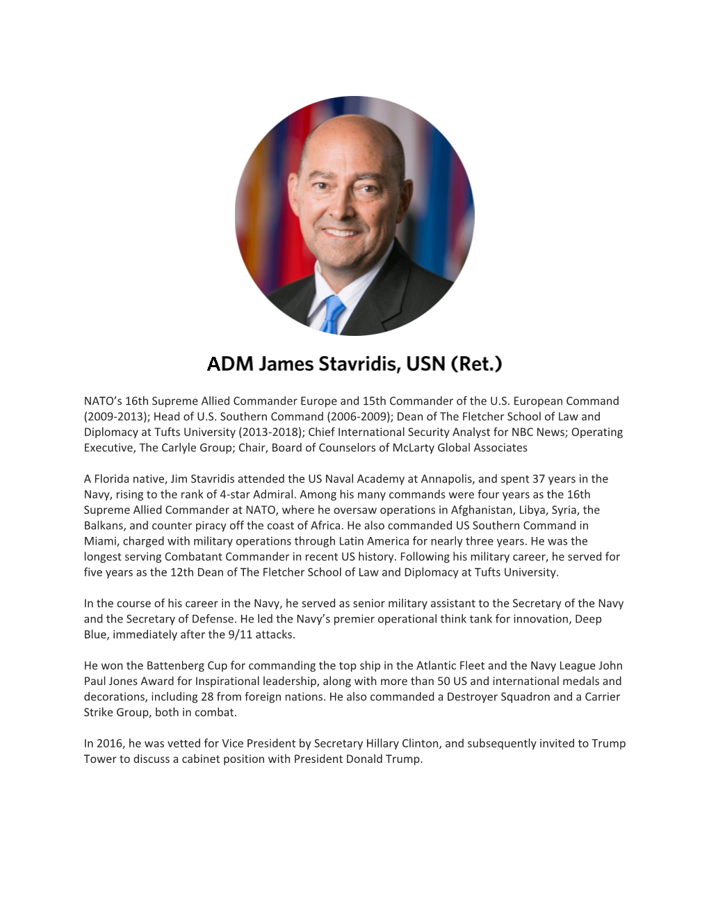 (Ret.) James G. Stavridis Bio