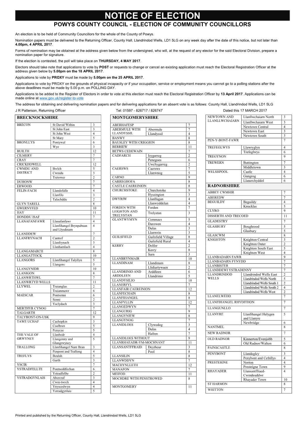 Notice of Election Powys County Council - Election of Community Councillors