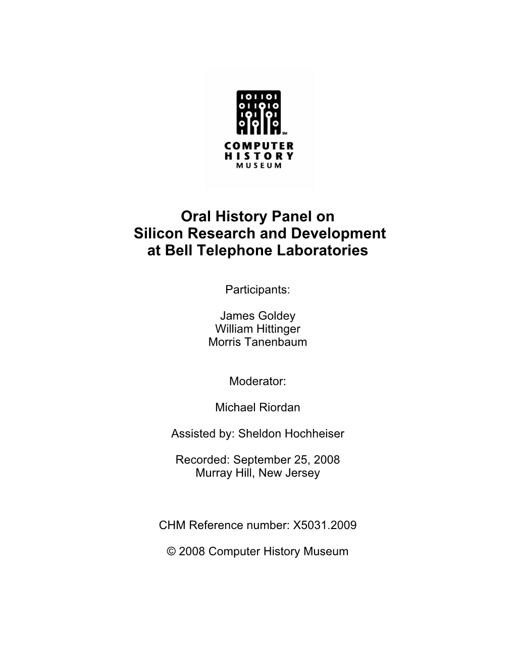 Oral History Panel on Silicon Research and Development at Bell Telephone Laboratories