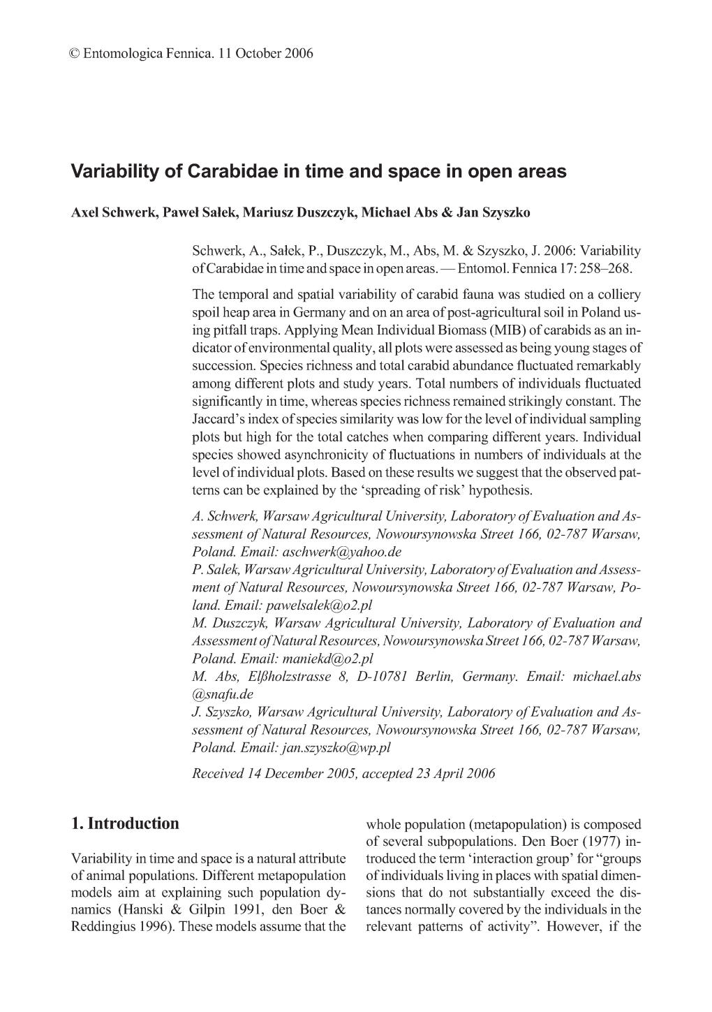 Variability of Carabidae in Time and Space in Open Areas