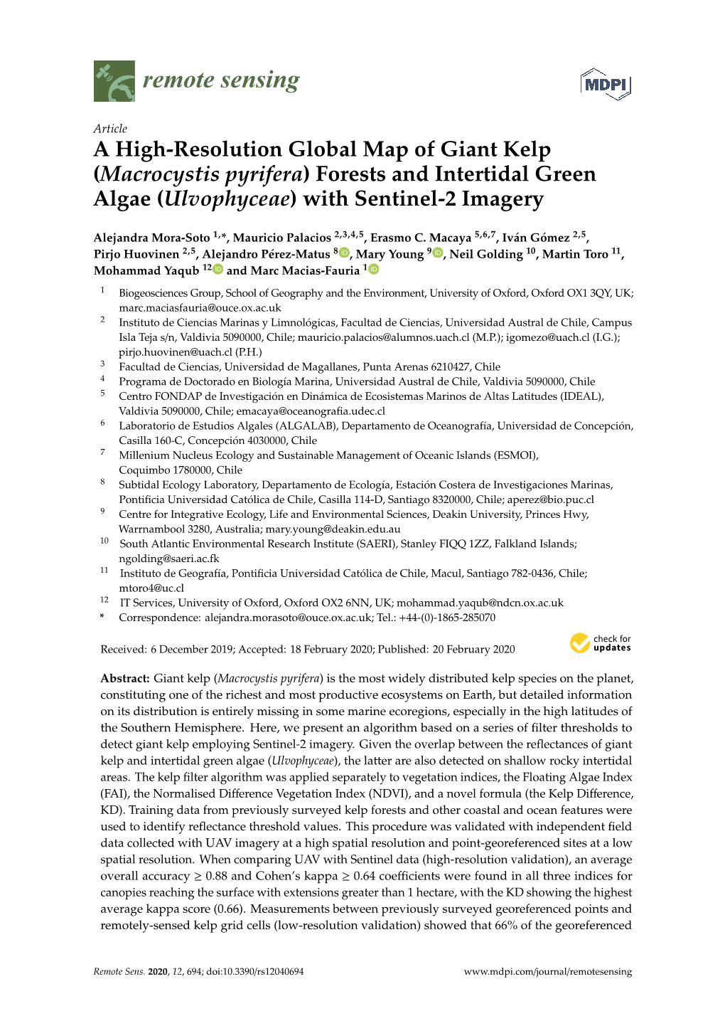 A High-Resolution Global Map of Giant Kelp (Macrocystis Pyrifera) Forests and Intertidal Green Algae (Ulvophyceae) with Sentinel-2 Imagery