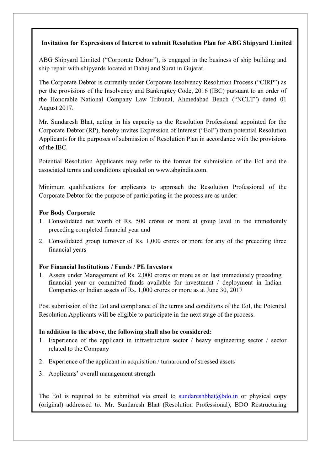Invitation for Expressions of Interest to Submit Resolution Plan for ABG Shipyard Limited ABG Shipyard Limited (“Corporate De