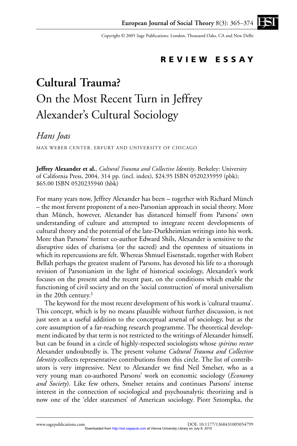 Cultural Trauma? on the Most Recent Turn in Jeffrey Alexander's Cultural