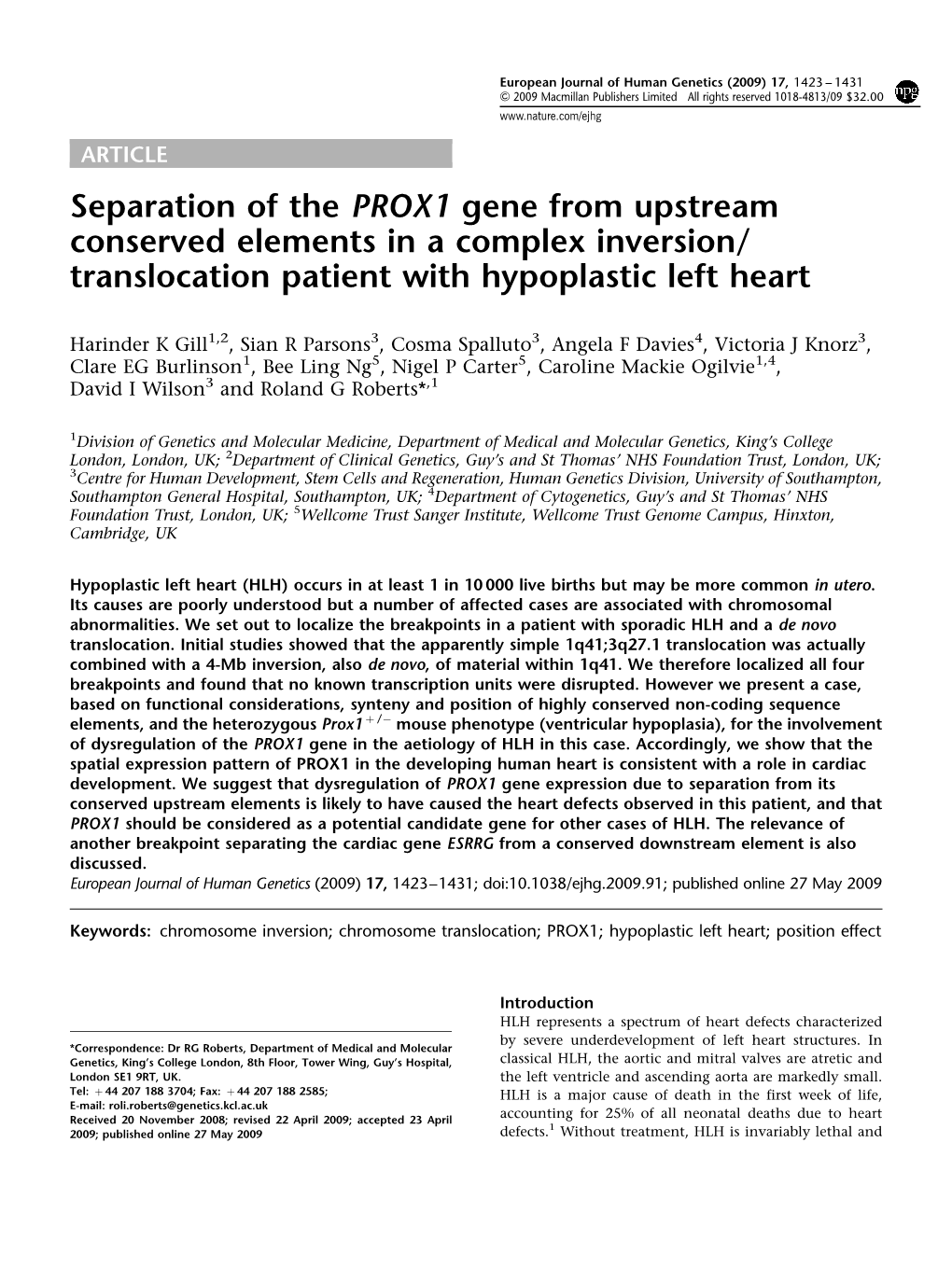 Separation of the PROX1 Gene from Upstream Conserved Elements in a Complex Inversion/ Translocation Patient with Hypoplastic Left Heart