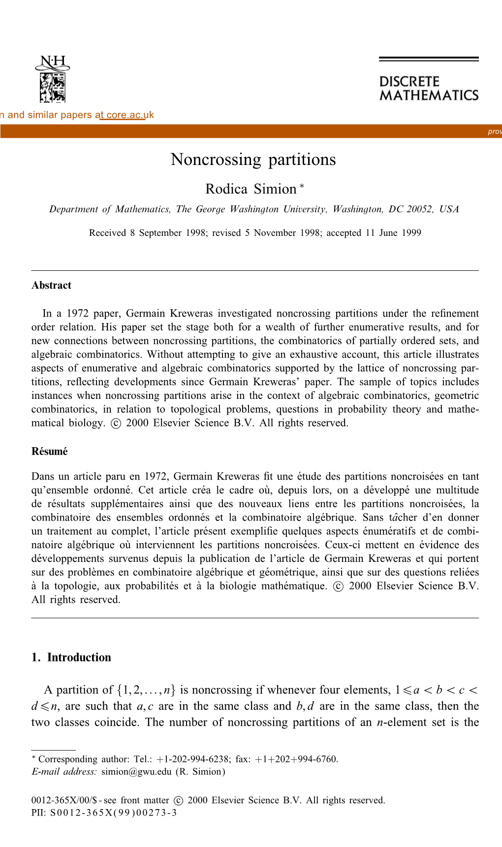 Noncrossing Partitions Rodica Simion ∗ Department of Mathematics, the George Washington University, Washington, DC 20052, USA