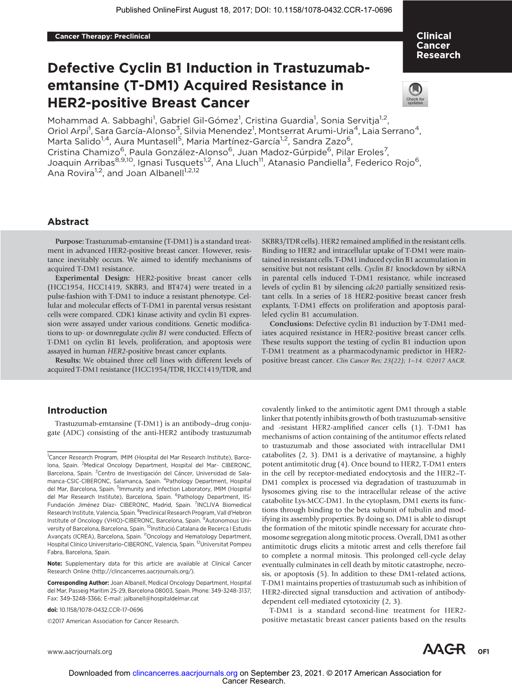 Defective Cyclin B1 Induction in Trastuzumab-Emtansine (T-DM1) Acquired Resistance in HER2-Positive Breast Cancer