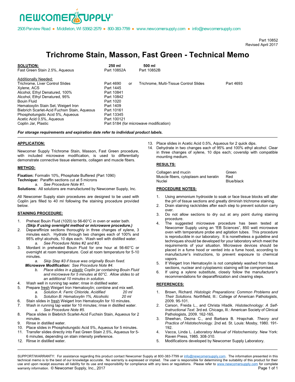 Trichrome Stain, Masson, Fast Green Histology Staining Procedure