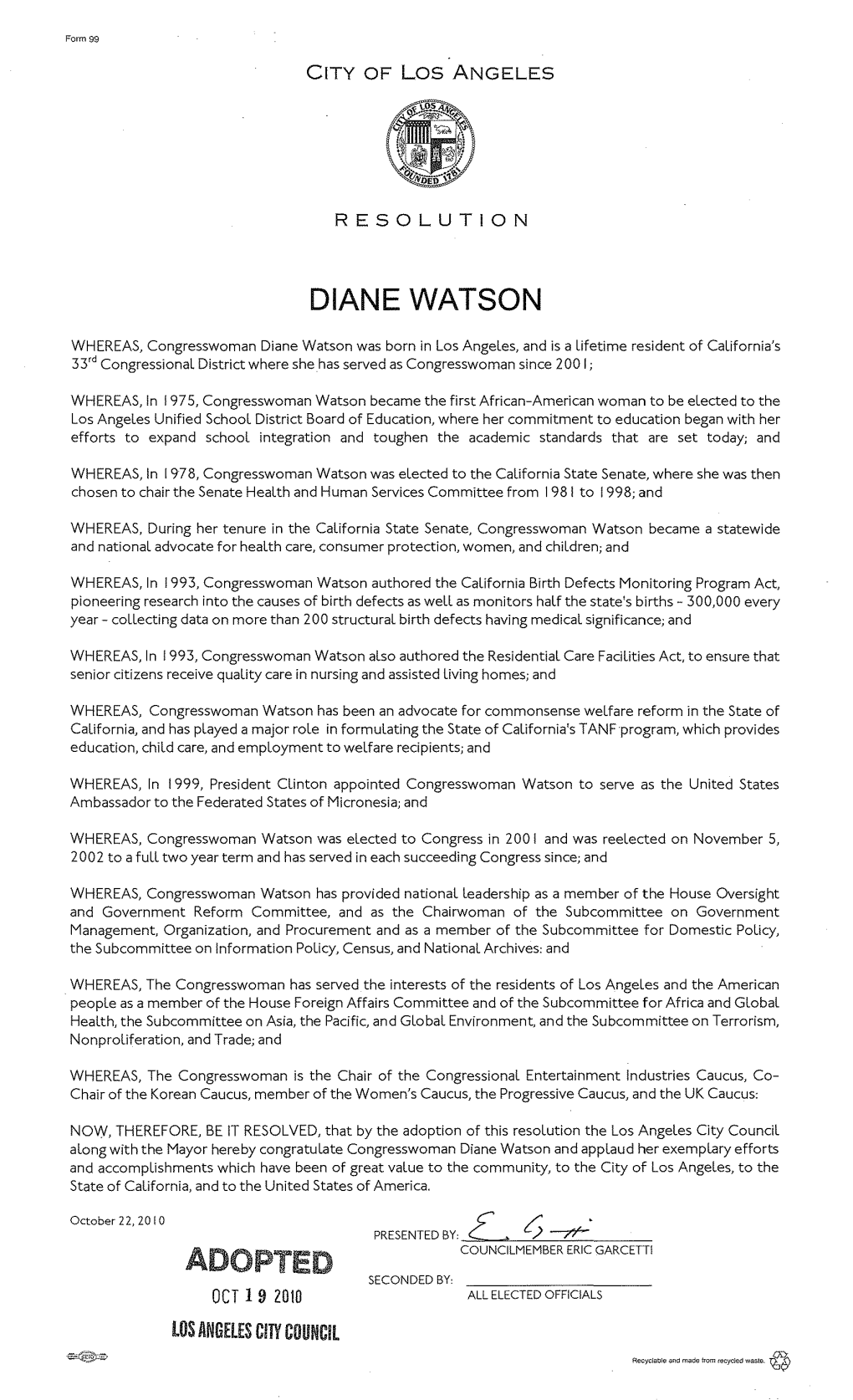 Diane Watson Adopted