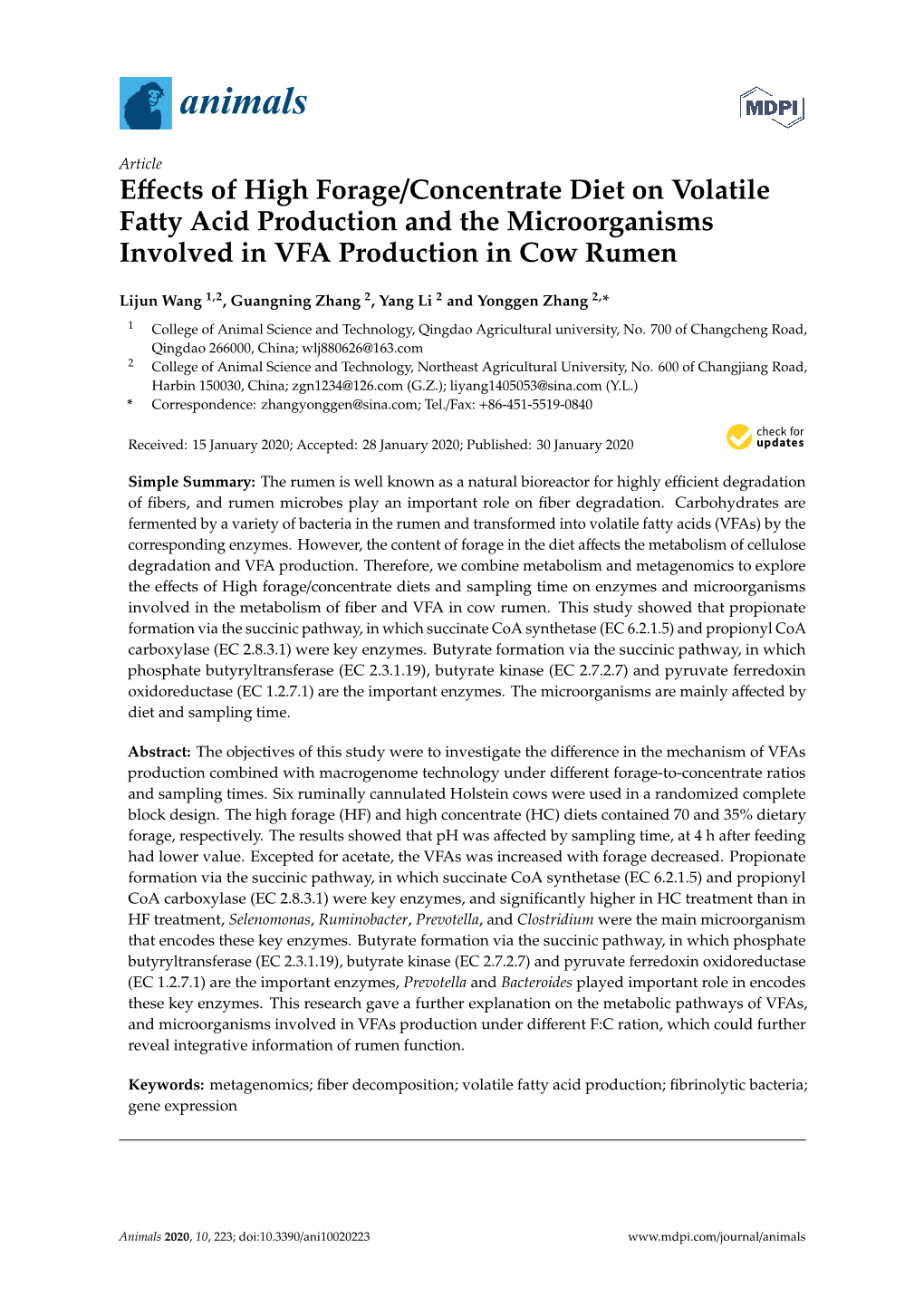 Effects of High Forage/Concentrate Diet on Volatile Fatty Acid