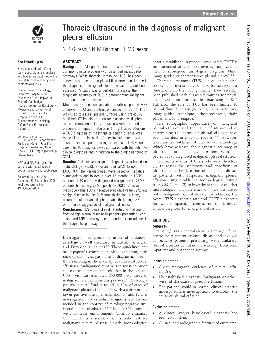 Thoracic Ultrasound in the Diagnosis of Malignant Pleural Effusion