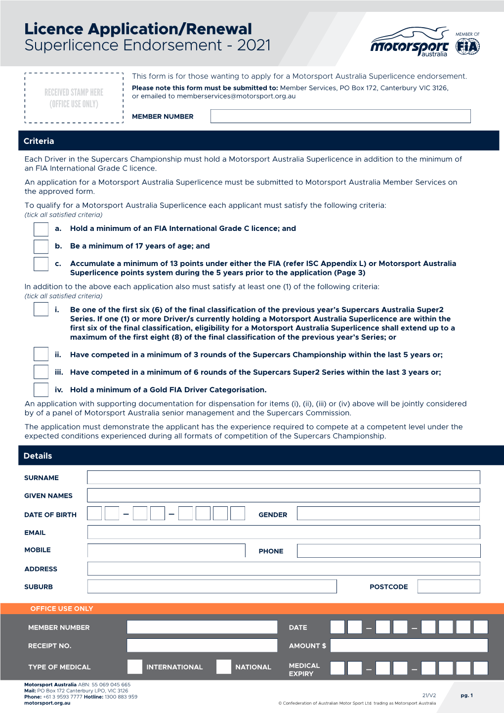 Licence Application/Renewal Superlicence Endorsement - 2021