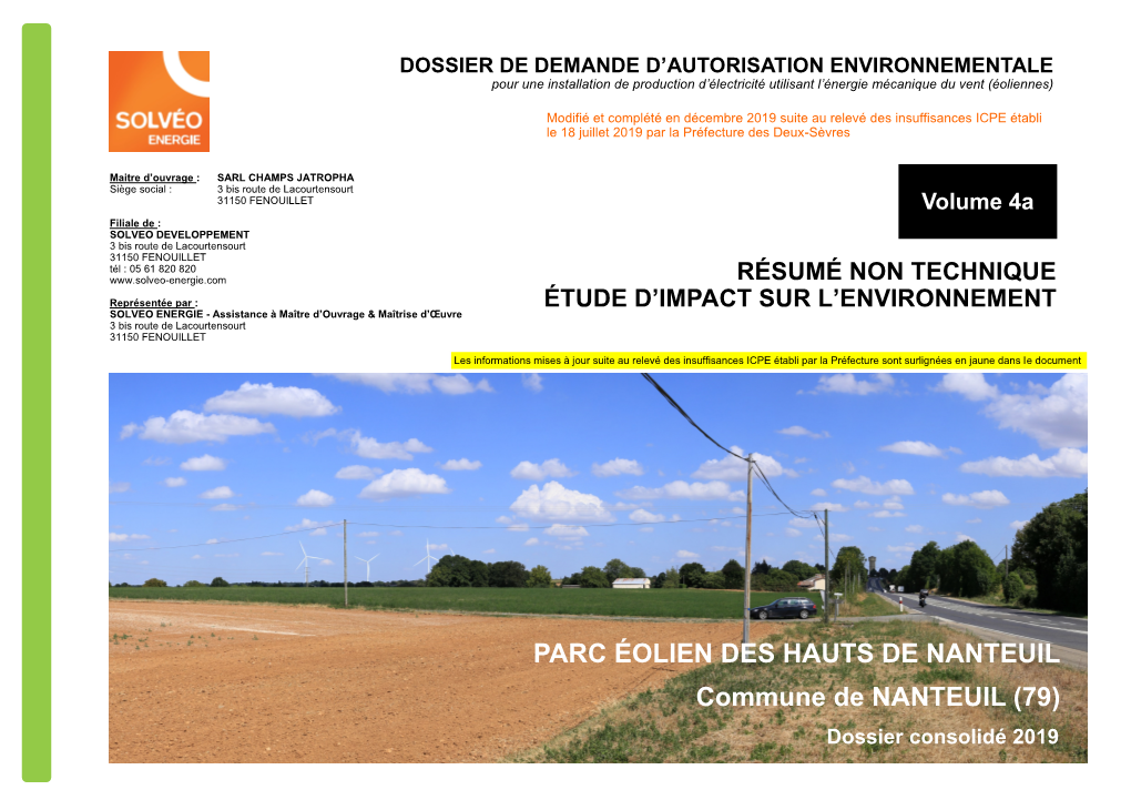 PARC ÉOLIEN DES HAUTS DE NANTEUIL Commune De NANTEUIL (79) Dossier Consolidé 2019