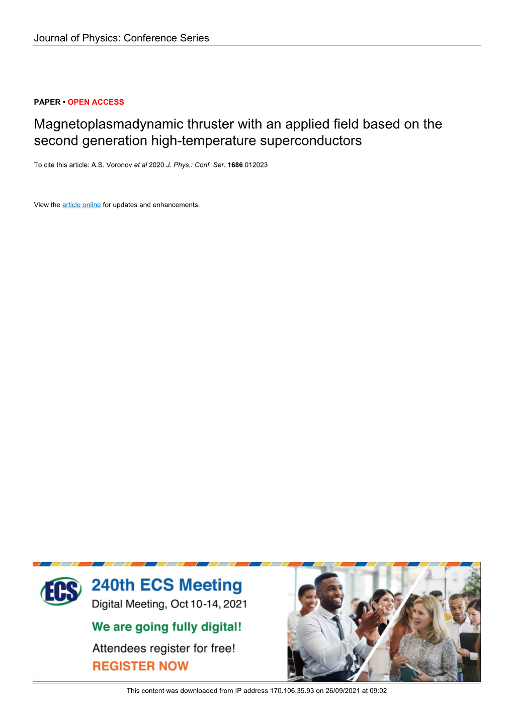 Magnetoplasmadynamic Thruster with an Applied Field Based on the Second Generation High-Temperature Superconductors