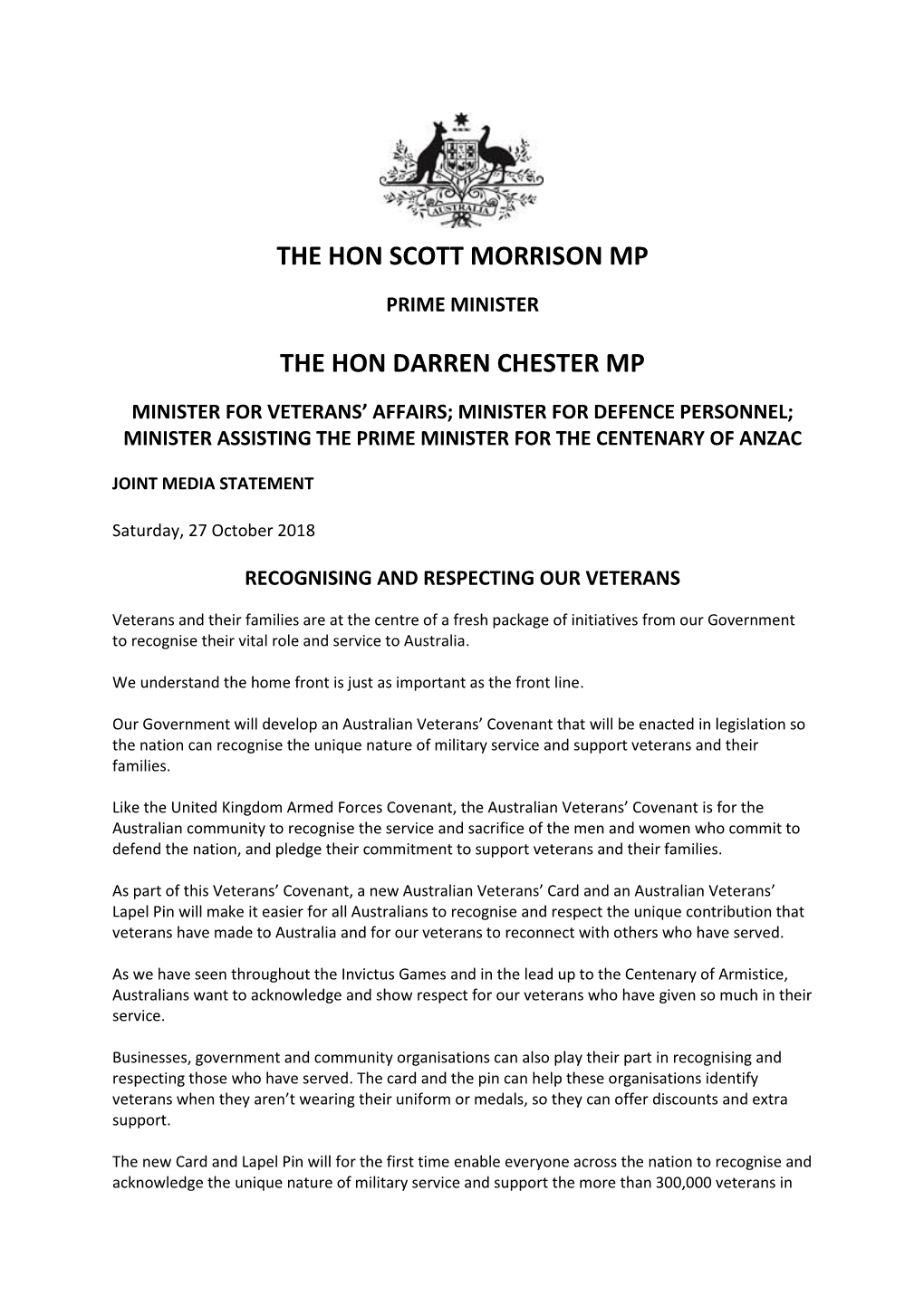 The Hon Scott Morrison Mp the Hon Darren Chester Mp