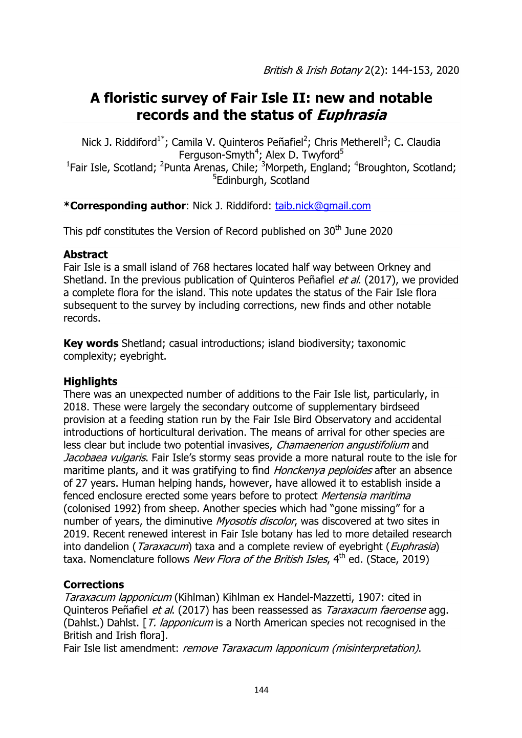 A Floristic Survey of Fair Isle II: New and Notable Records and the Status of Euphrasia