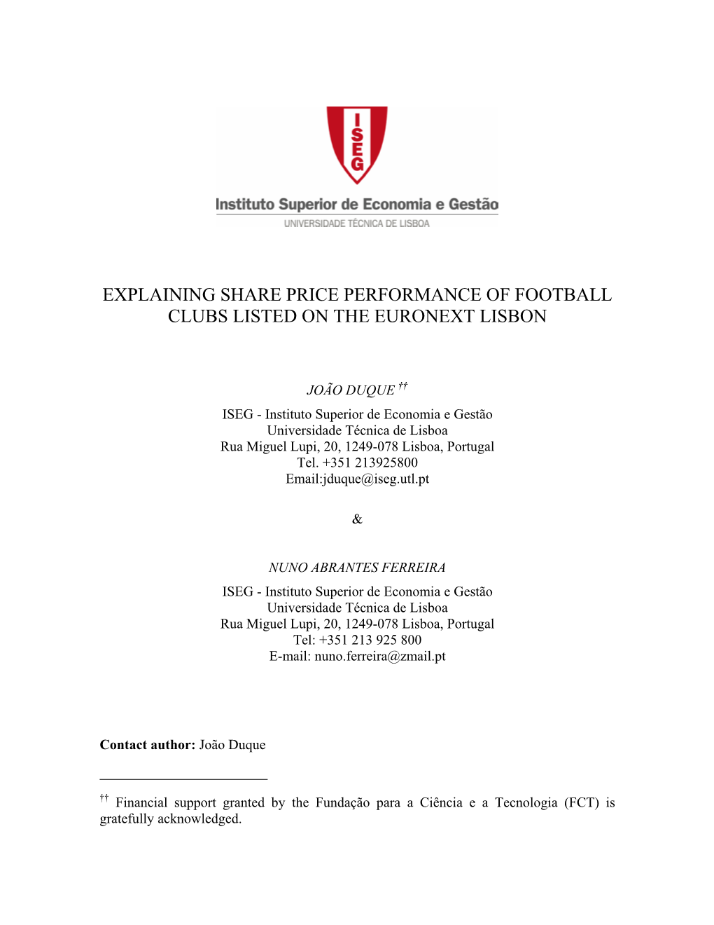 Explaining Share Price Performance of Football Clubs Listed on the Euronext Lisbon