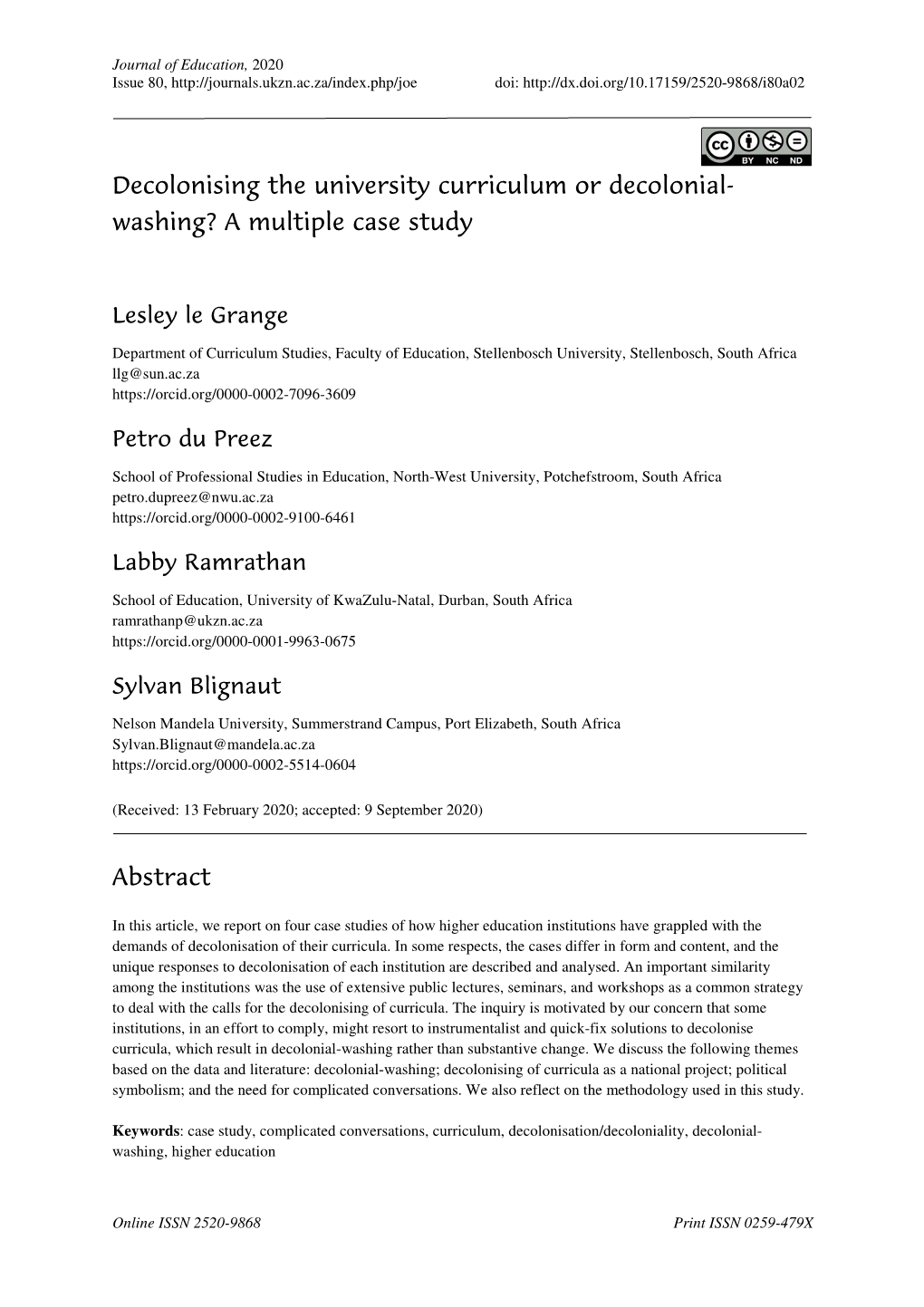 Decolonising the University Curriculum Or Decolonial- Washing? a Multiple Case Study