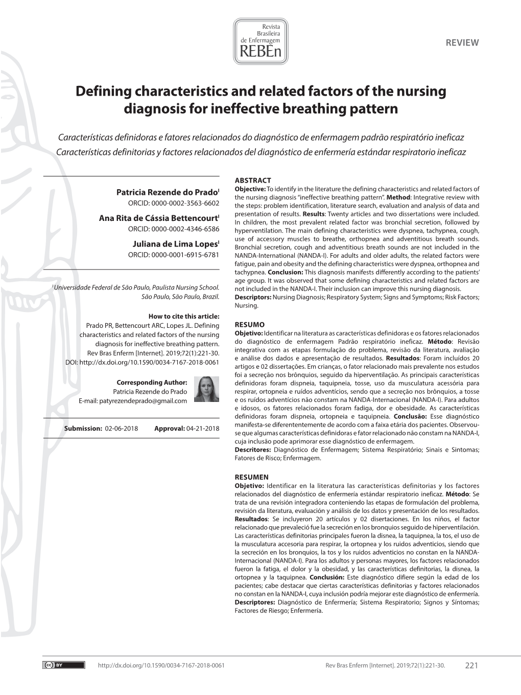 Defining Characteristics and Related Factors of the Nursing Diagnosis for Ineffective Breathing Pattern