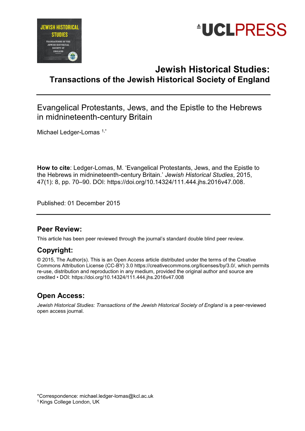 Evangelical Protestants, Jews, and the Epistle to the Hebrews in Midnineteenth-Century Britain