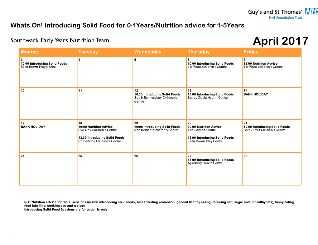 April 2017 Monday Tuesday Wednesday Thursday Friday