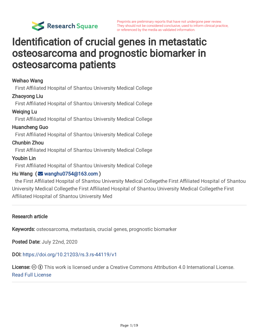 Identi Cation of Crucial Genes in Metastatic Osteosarcoma And