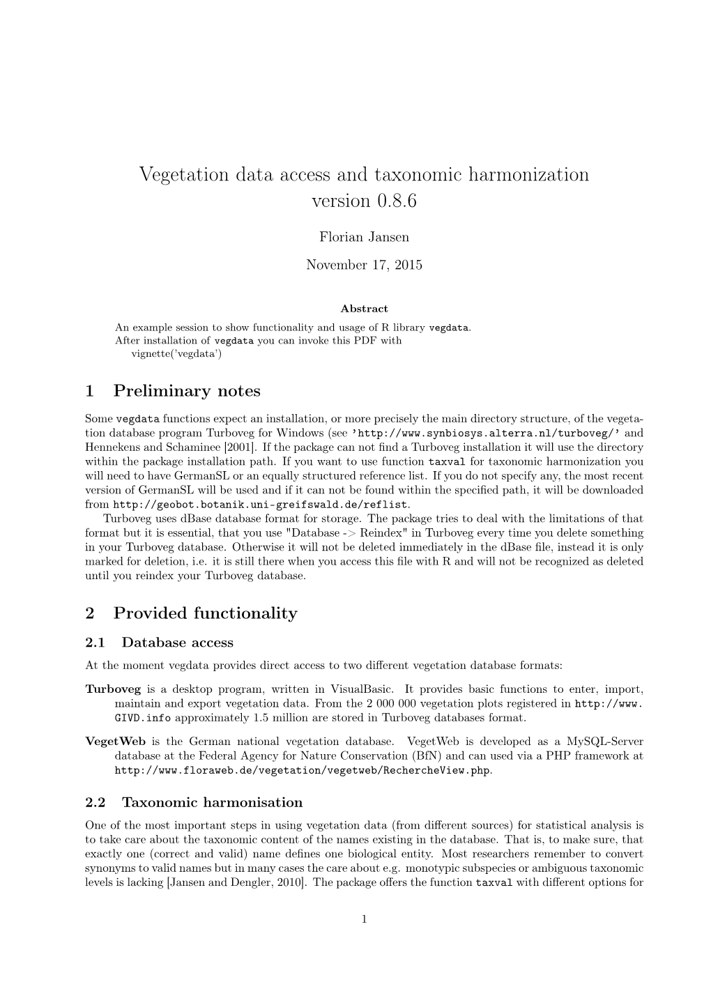 Vegetation Data Access and Taxonomic Harmonization Version 0.8.6