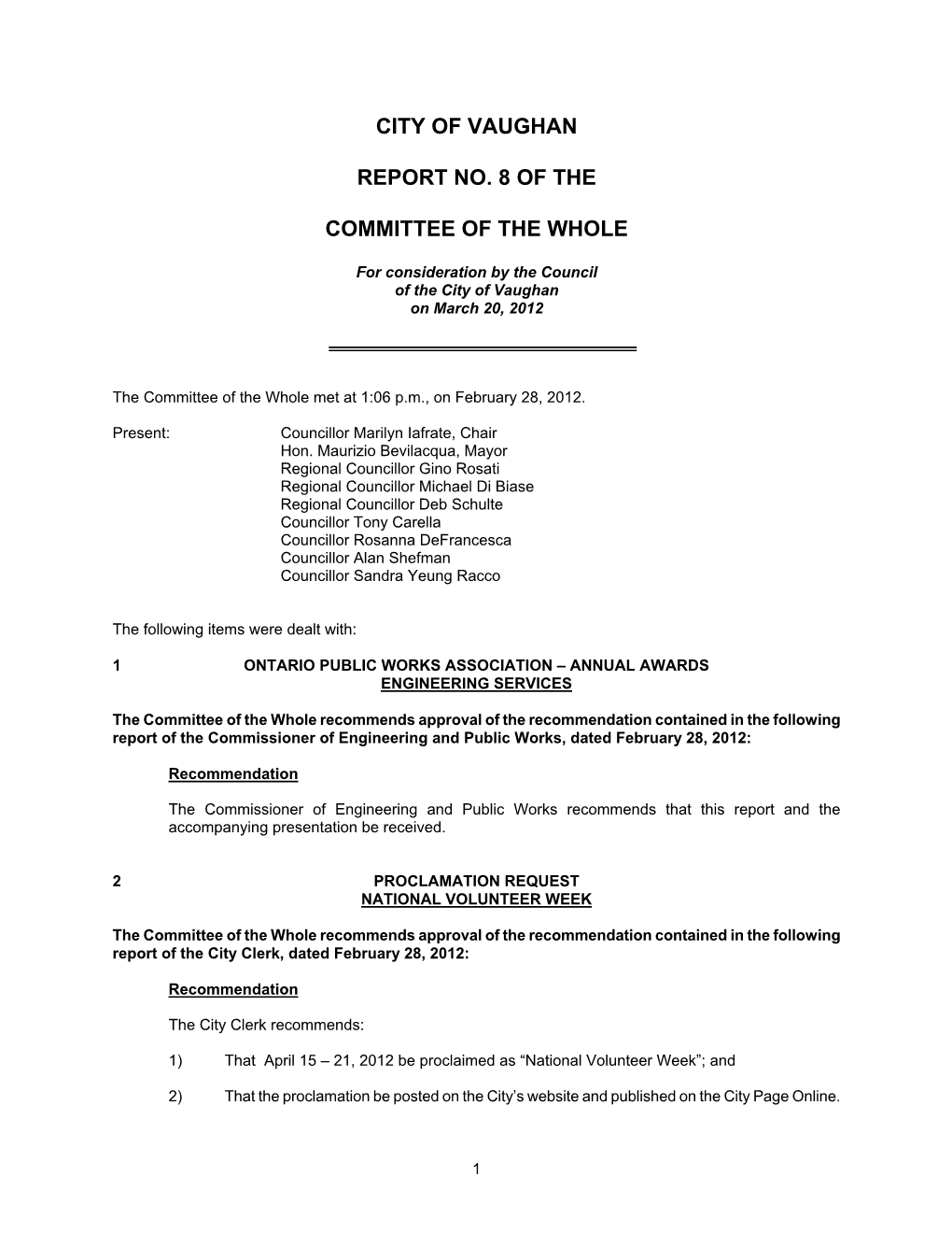 City of Vaughan Report No. 8 of the Committee of the Whole