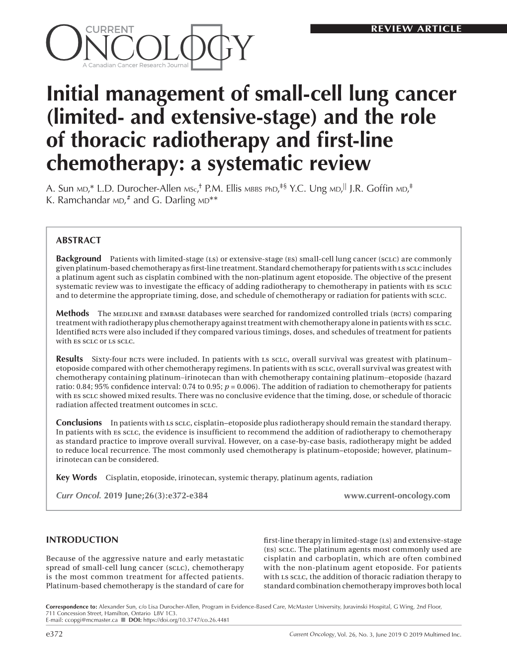 Initial Management of Small-Cell Lung Cancer (Limited- and Extensive-Stage) and the Role of Thoracic Radiotherapy and First-Line Chemotherapy: a Systematic Review