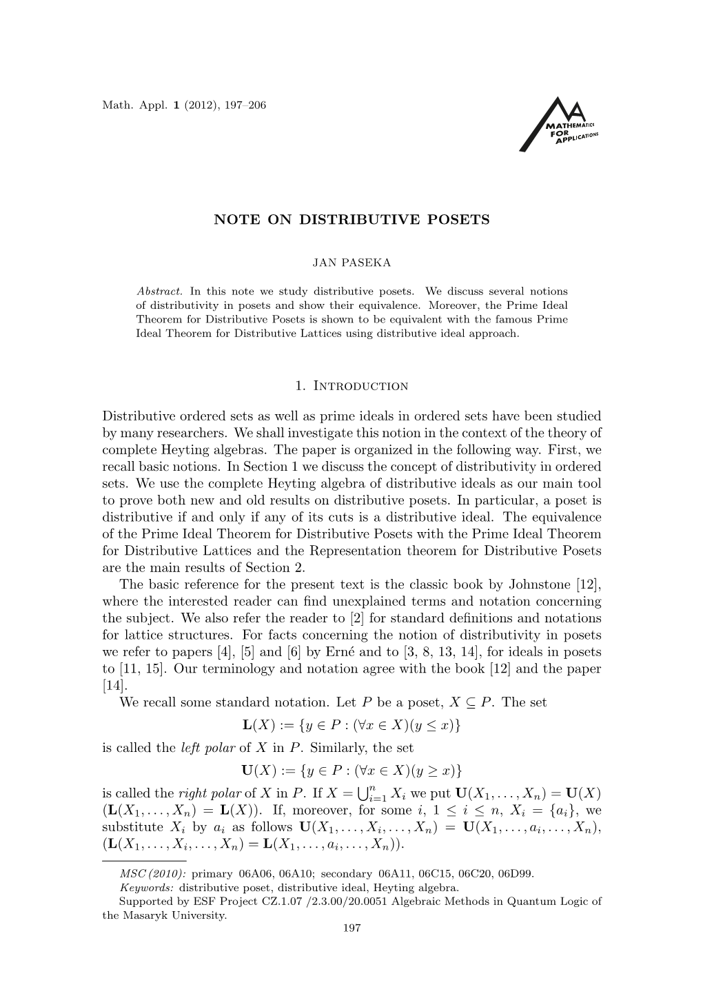 NOTE on DISTRIBUTIVE POSETS 1. Introduction Distributive Ordered