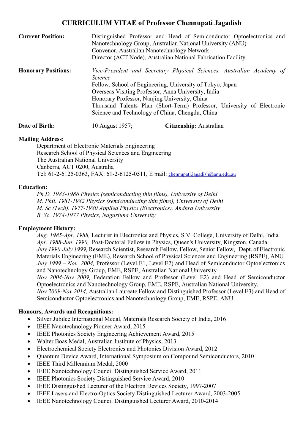 CURRICULUM VITAE of Professor Chennupati Jagadish