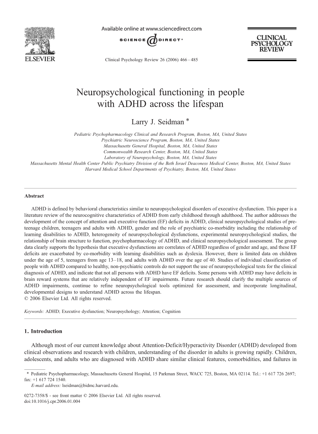 Neuropsychological Functioning in People with ADHD Across the Lifespan ⁎ Larry J