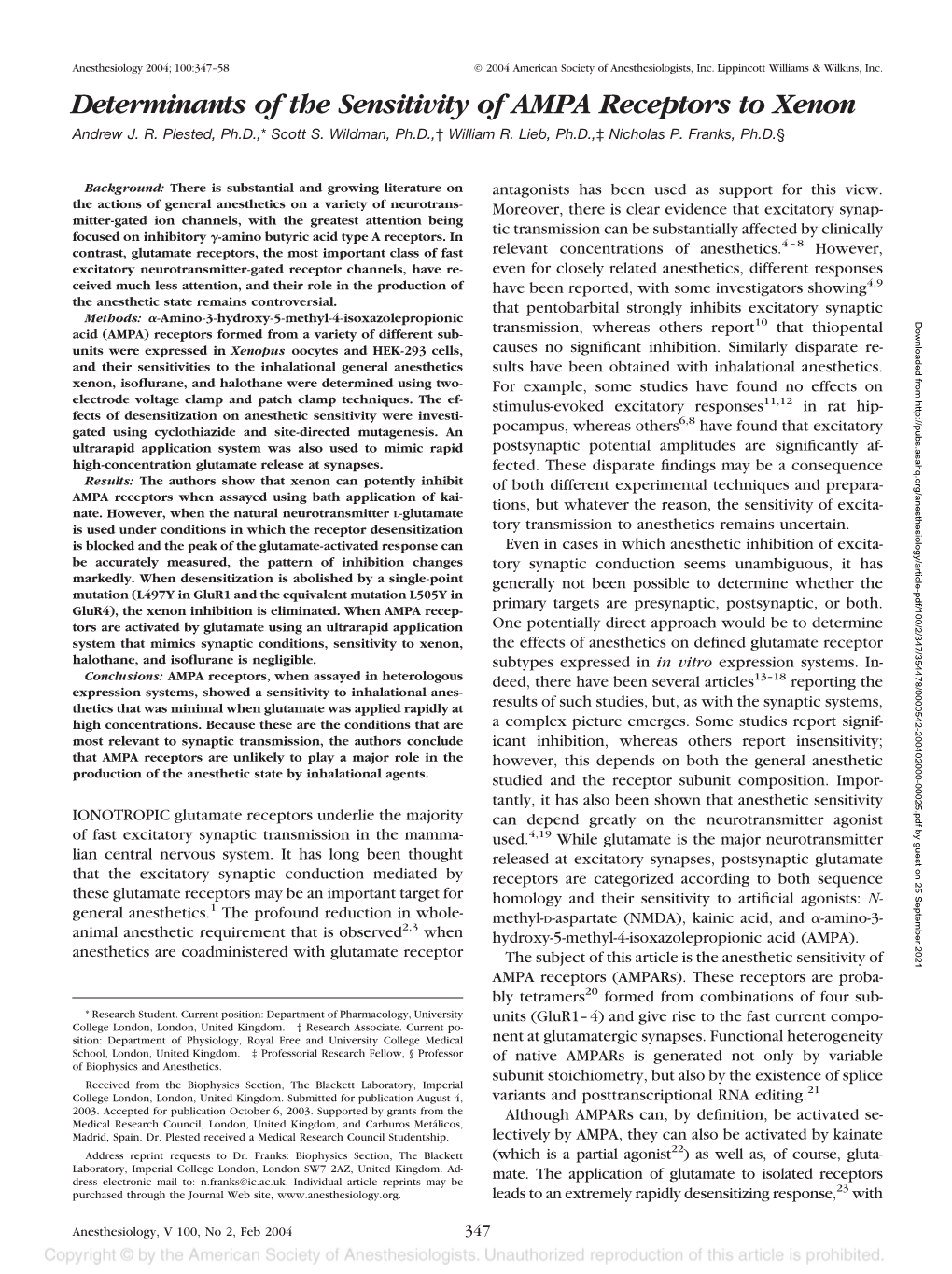 Determinants of the Sensitivity of AMPA Receptors to Xenon Andrew J