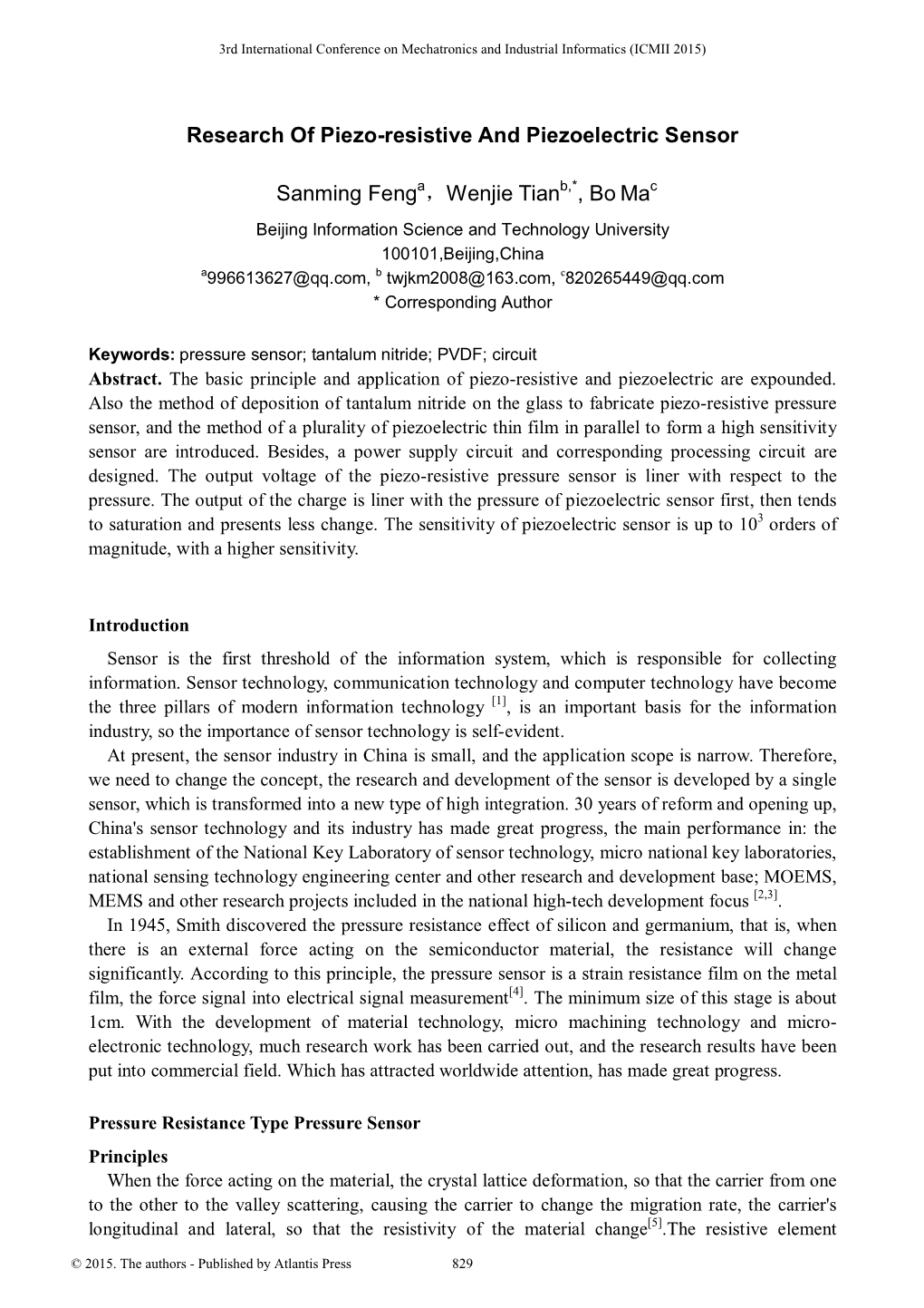 Research of Piezo-Resistive and Piezoelectric Sensor Sanming Feng A