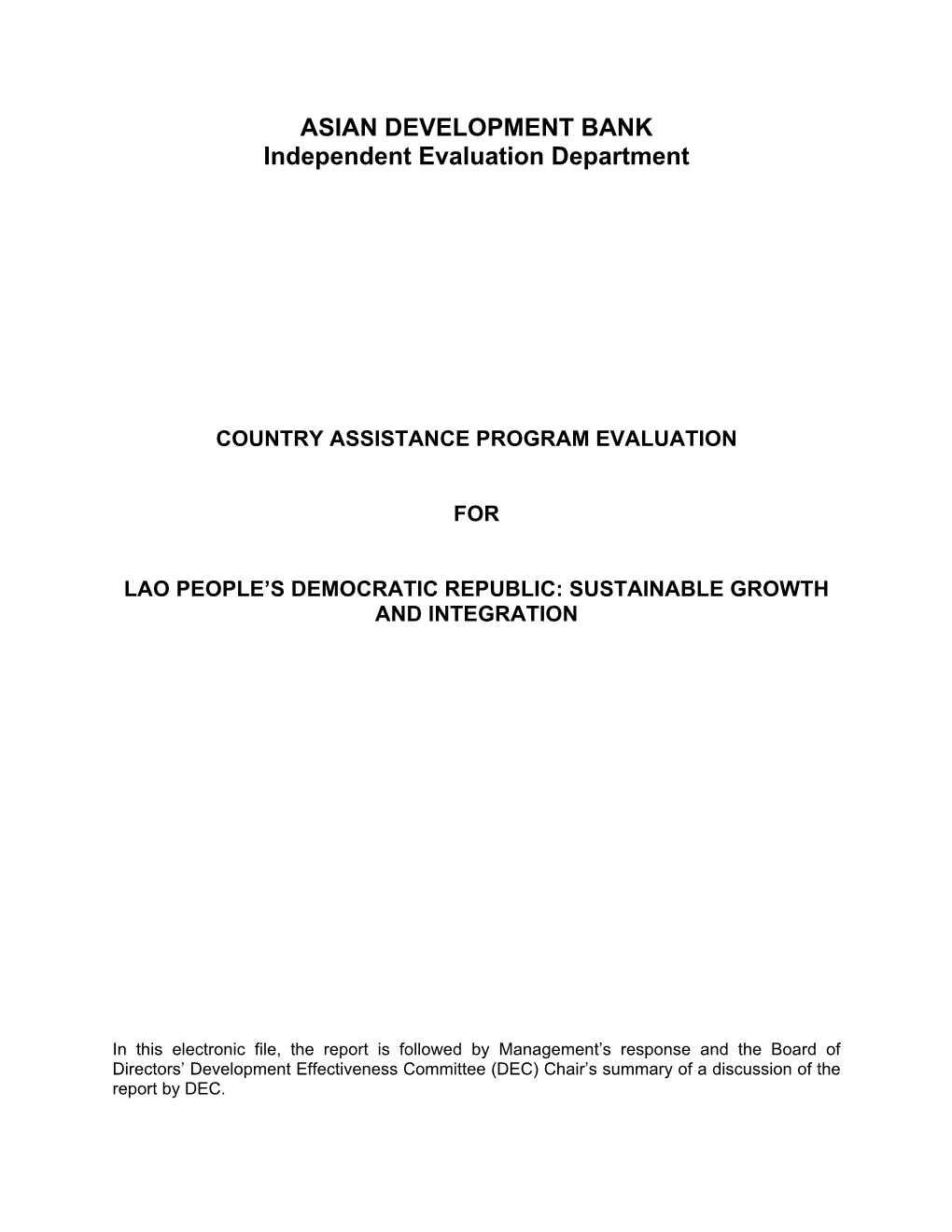 Lao People's Democratic Republic: Sustainable Growth and Integration