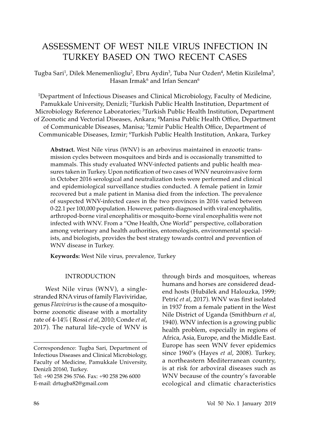 Assessment of West Nile Virus Infection in Turkey Based on Two Recent Cases