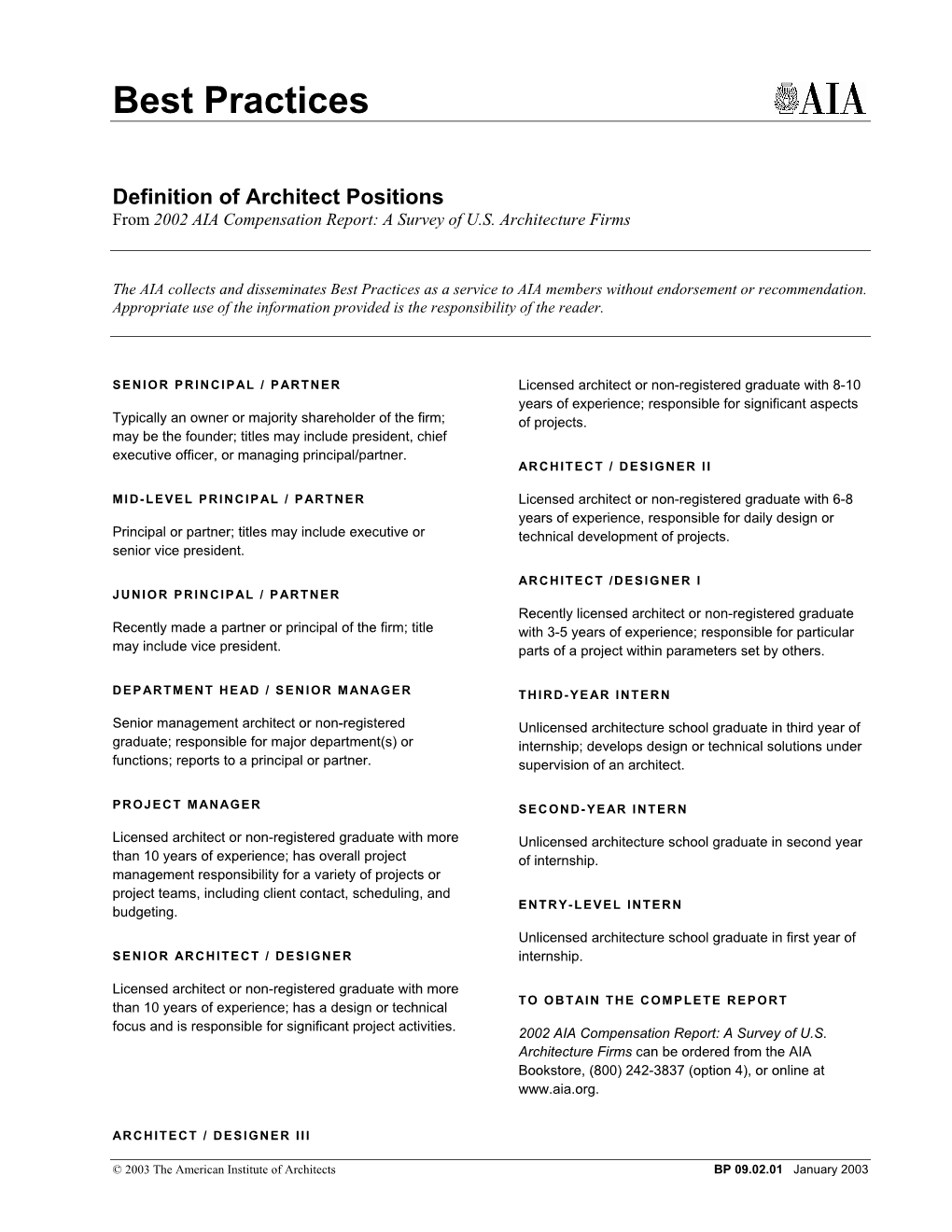 Definition of Architect Positions from 2002 AIA Compensation Report: a Survey of U.S