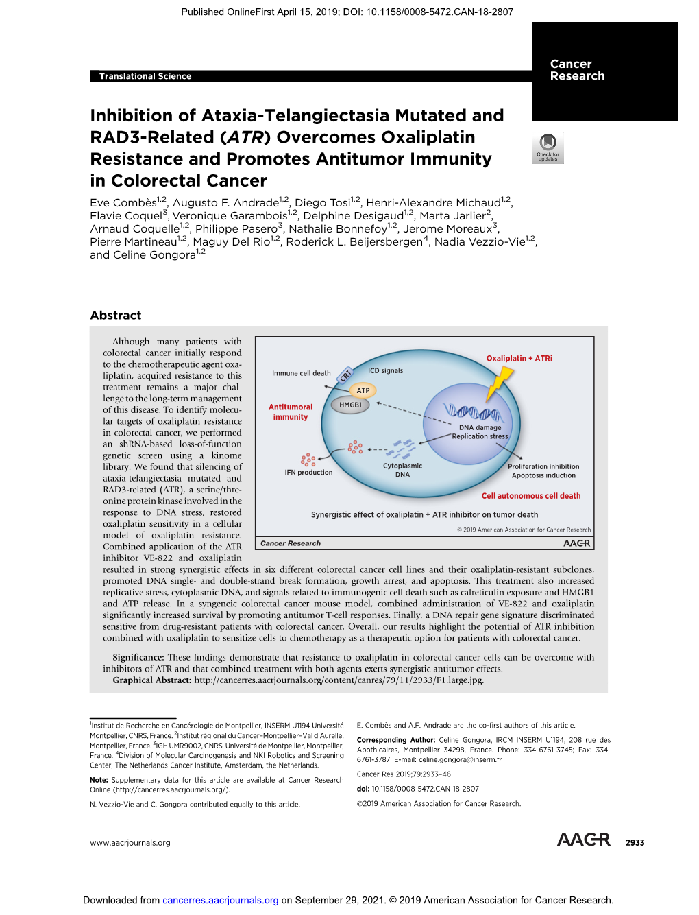 (ATR) Overcomes Oxaliplatin Resistance and Promotes Antitumor Immunity in Colorectal Cancer Eve Combes� 1,2, Augusto F