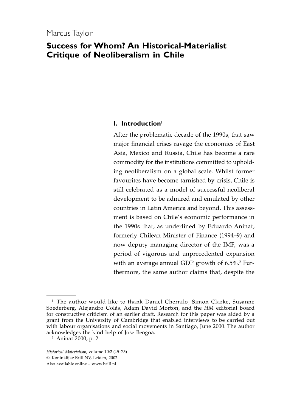 An Historical-Materialist Critique of Neoliberalism in Chile