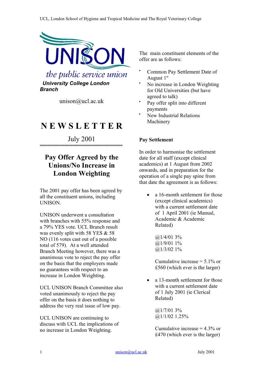 Pay Offer Agreed by the Unions/No Increase in London Weighting