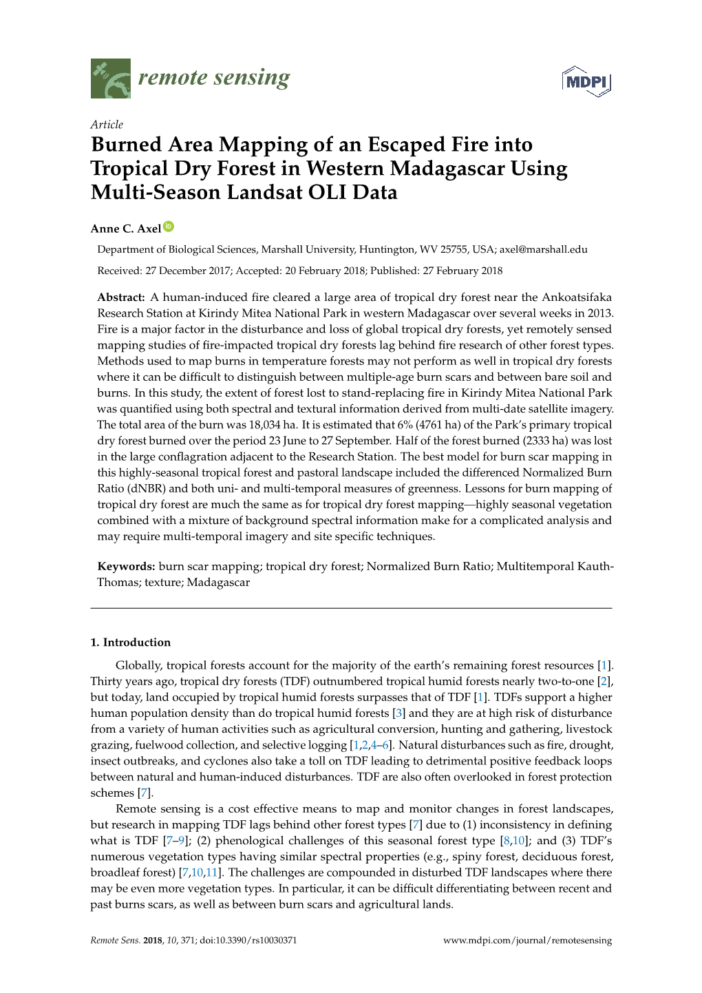 Burned Area Mapping of an Escaped Fire Into Tropical Dry Forest in Western Madagascar Using Multi-Season Landsat OLI Data