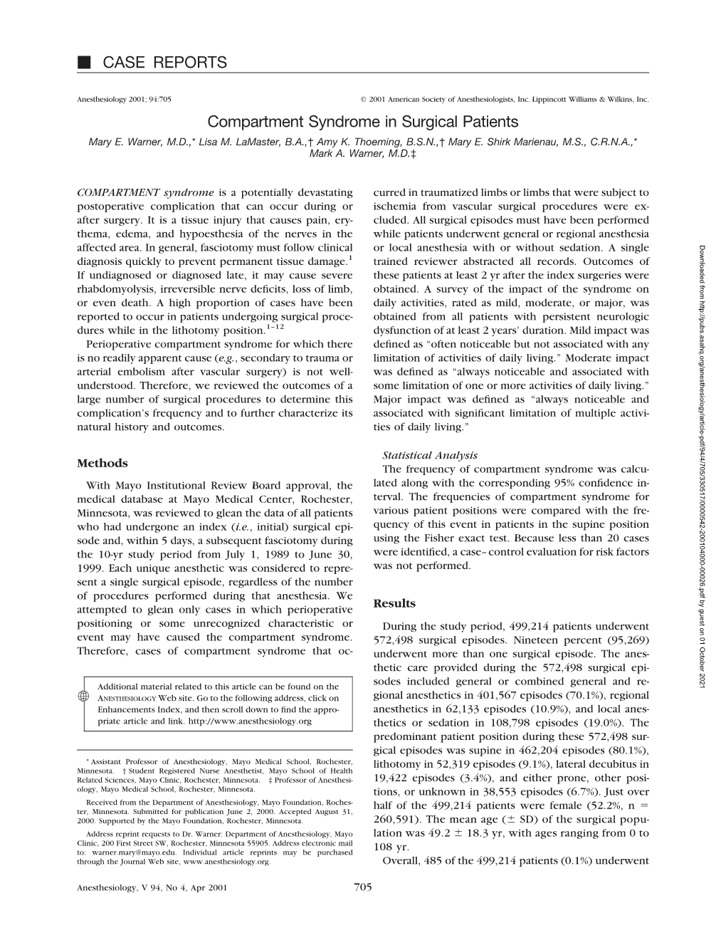 Compartment Syndrome in Surgical Patients Mary E