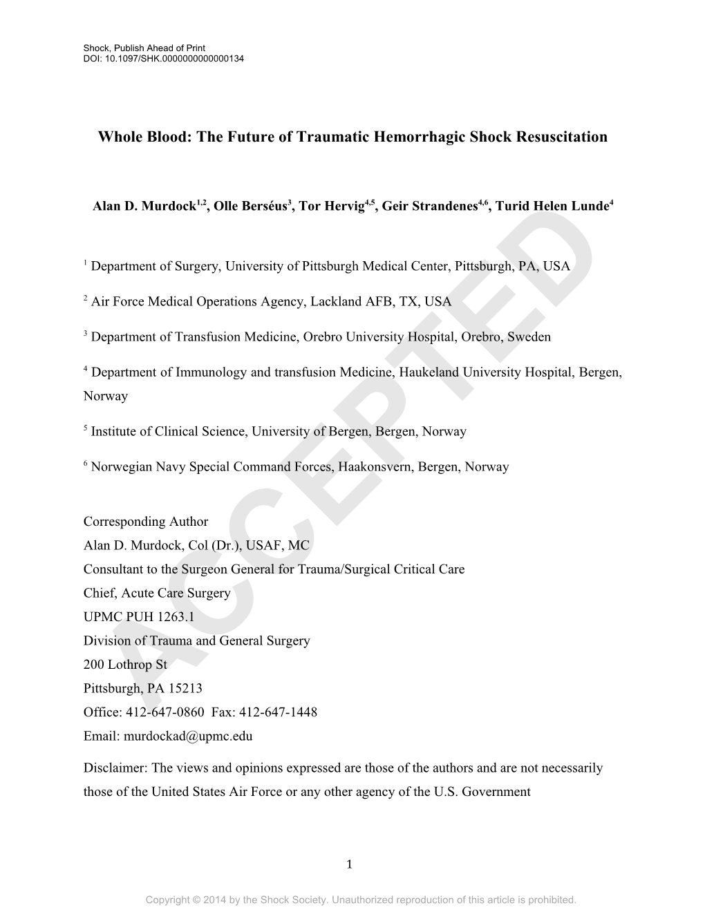 Whole Blood: the Future of Traumatic Hemorrhagic Shock Resuscitation