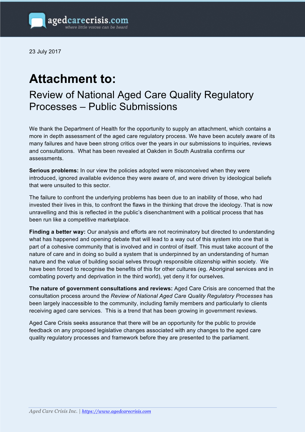 Attachment To: Review of National Aged Care Quality Regulatory Processes – Public Submissions