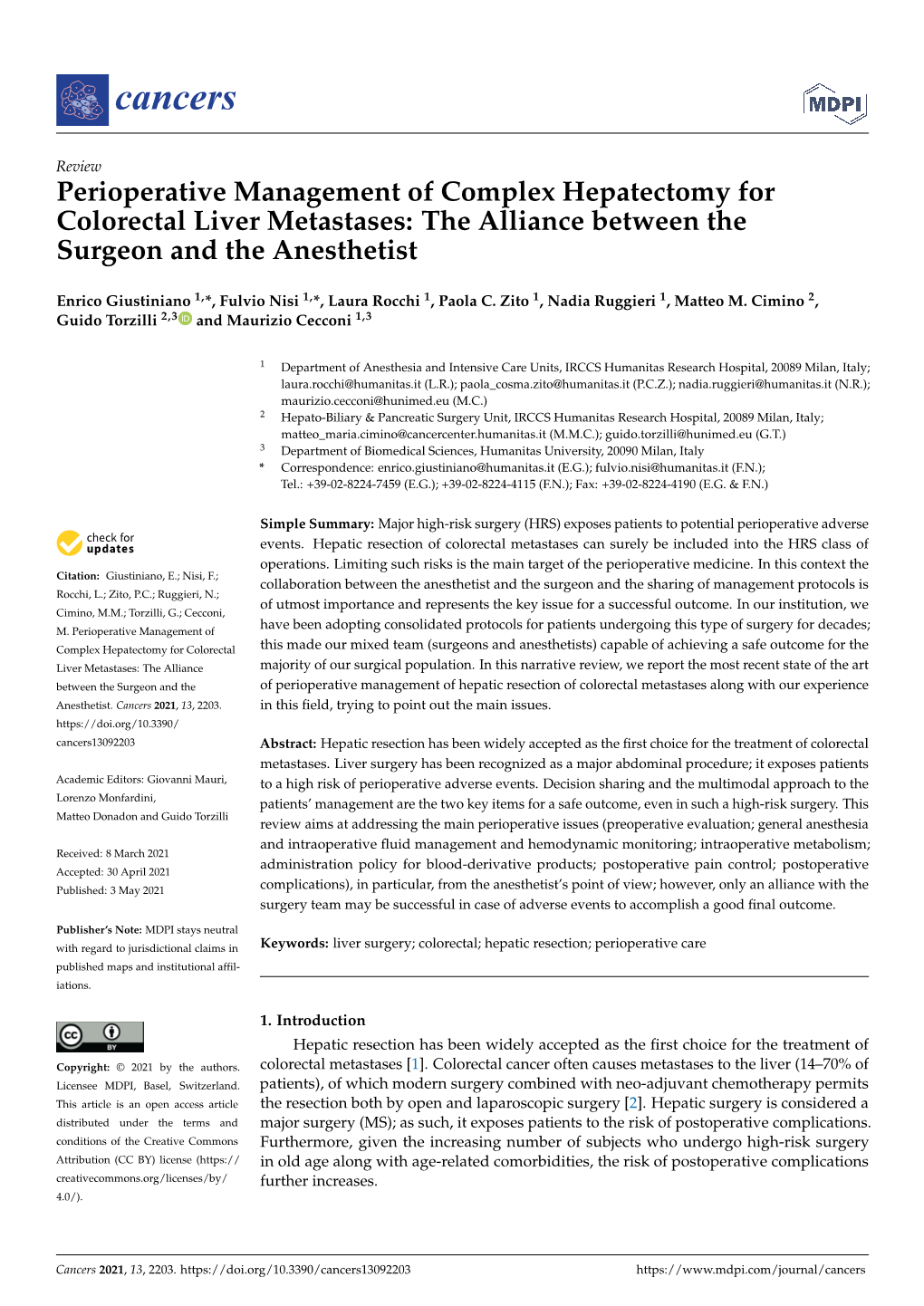 Perioperative Management of Complex Hepatectomy for Colorectal Liver Metastases: the Alliance Between the Surgeon and the Anesthetist