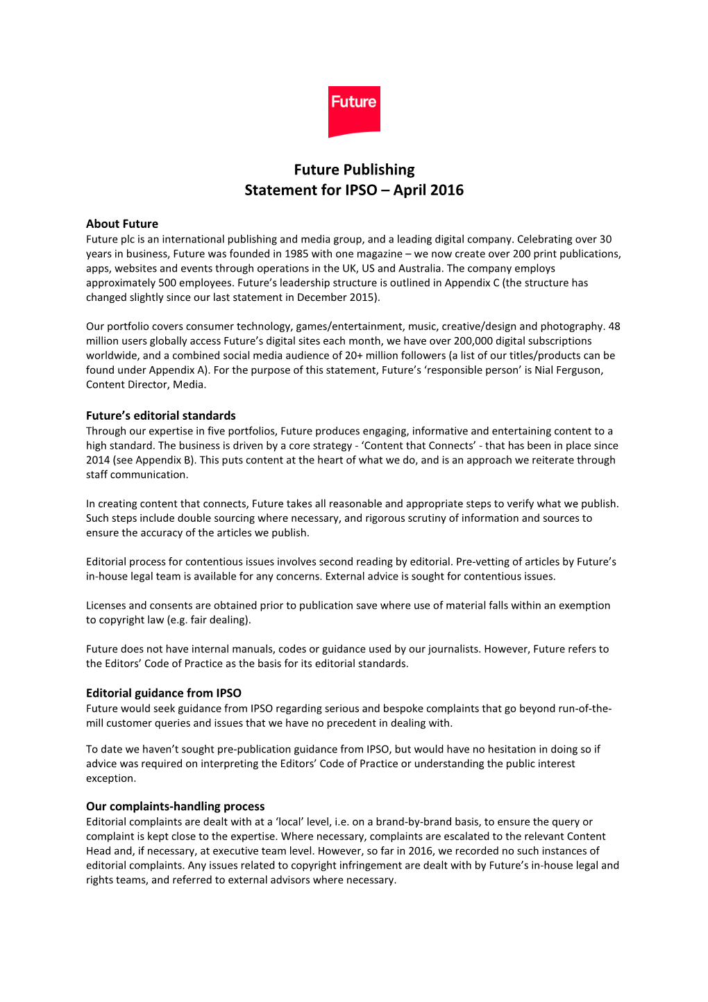 Future Publishing Statement for IPSO – April 2016