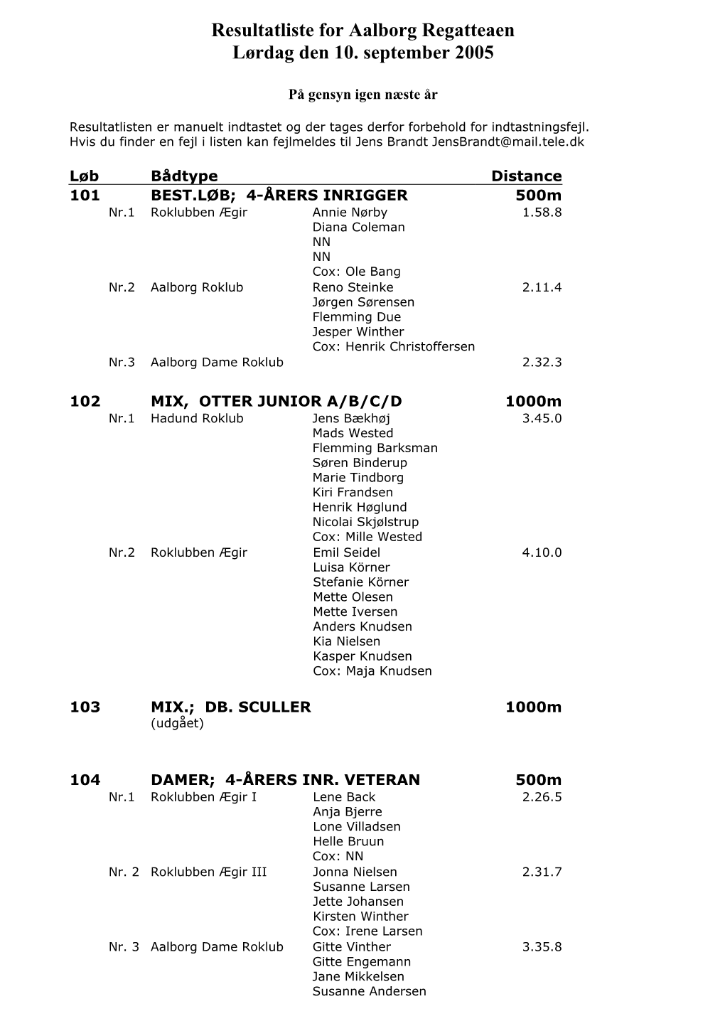 Resultatliste for Aalborg Regatteaen Lørdag Den 10. September 2005