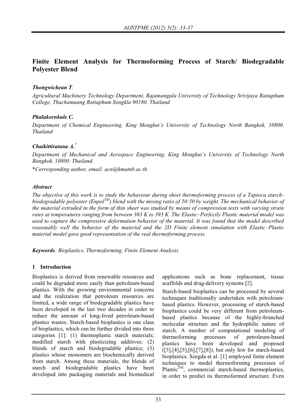 Finite Element Analysis for Thermoforming Process of Starch/ Biodegradable Polyester Blend