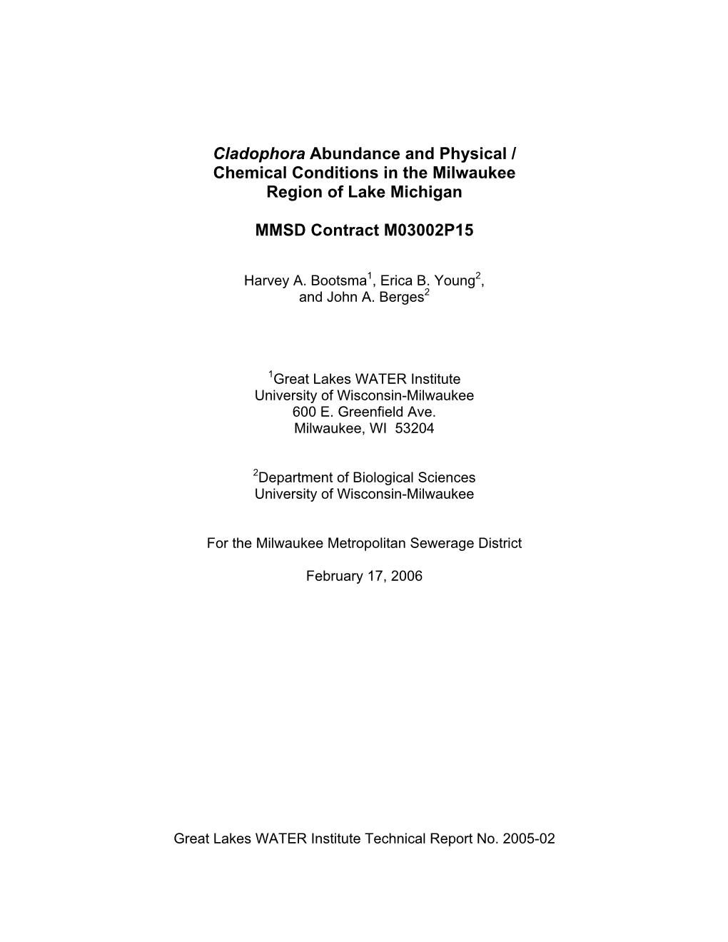 Cladophora Abundance and Physical / Chemical Conditions in the Milwaukee Region of Lake Michigan