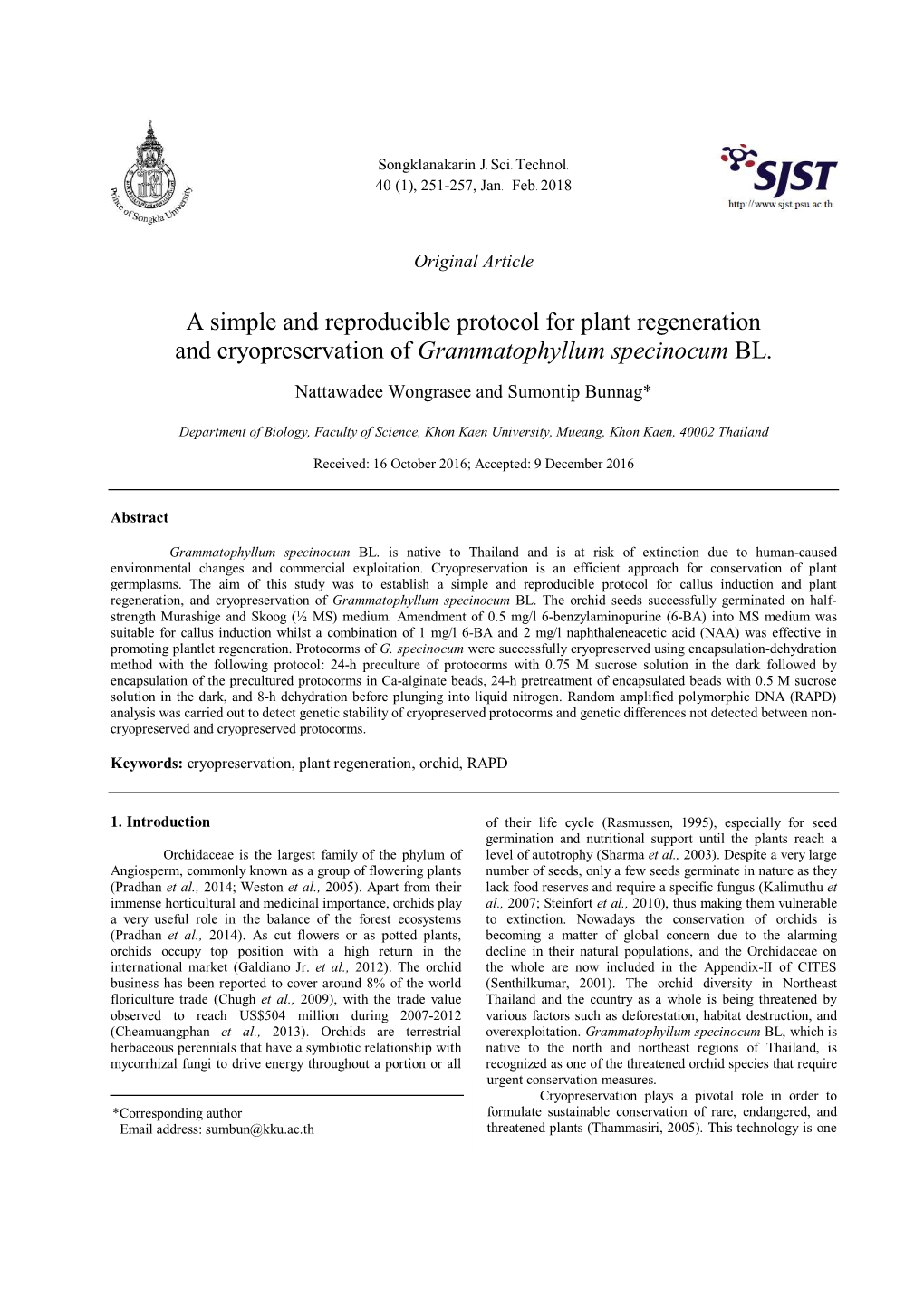 A Simple and Reproducible Protocol for Plant Regeneration and Cryopreservation of Grammatophyllum Specinocum BL