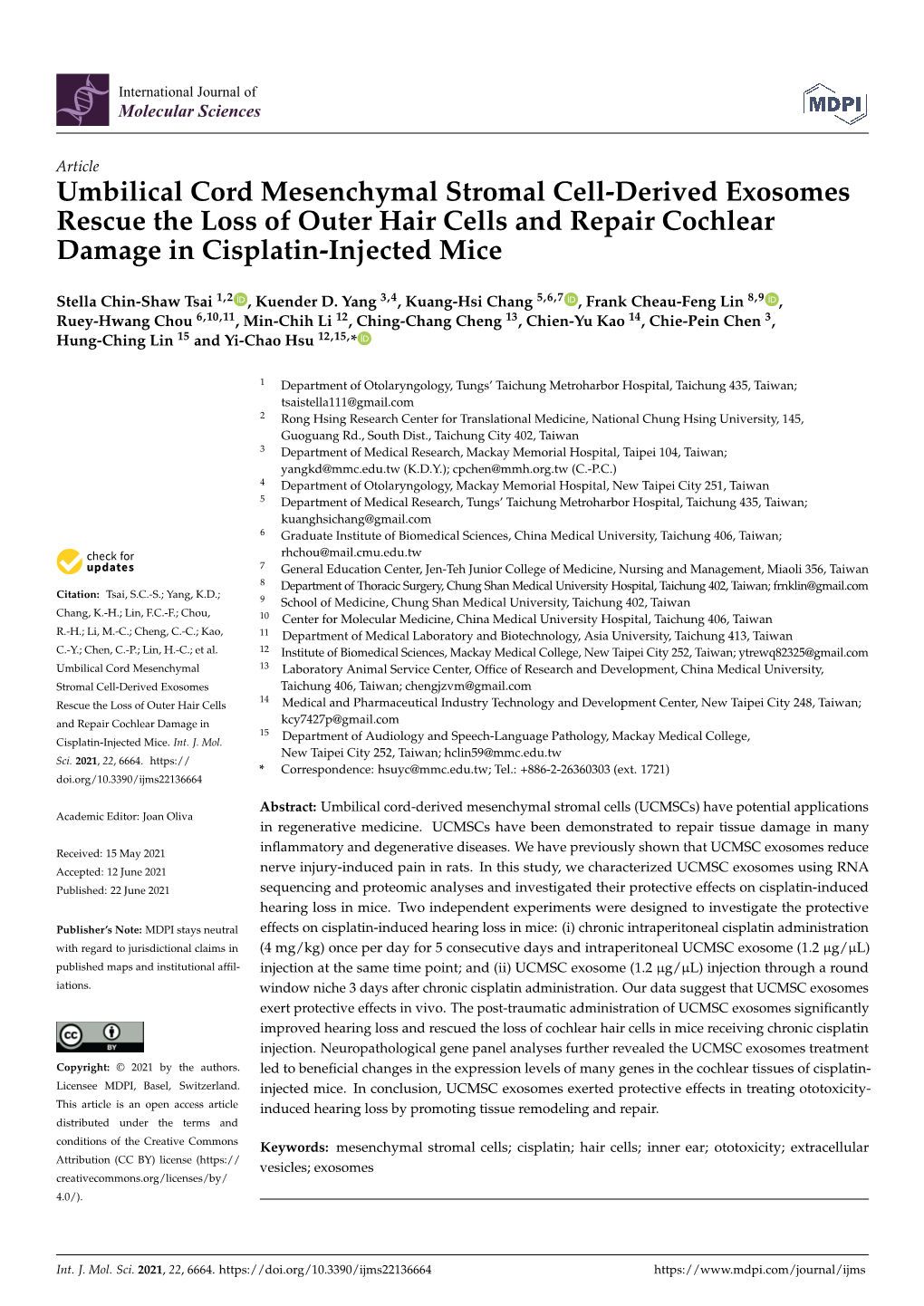 Umbilical Cord Mesenchymal Stromal Cell-Derived Exosomes Rescue the Loss of Outer Hair Cells and Repair Cochlear Damage in Cisplatin-Injected Mice